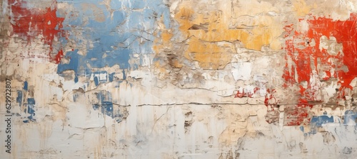 Peeling white, blue, red, yellow paint texture on vintage wall Generative AI technology.