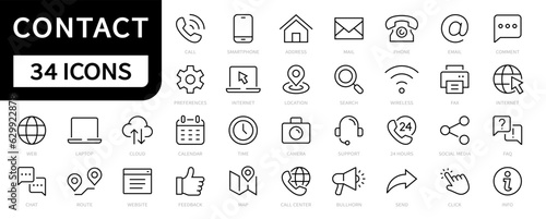 Contact line icons set. Contact icon collection. Contact, Phone, Mail, Call, Address, Web, Message, Chat, Support icon. Vector