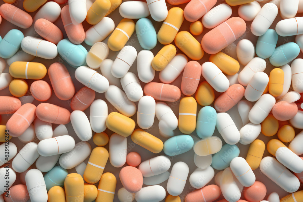 A lot of pills, close up background. Plastic capsules and tablets in pastel colors. Generative AI A lot of pills, close up background. Plastic capsules and tablets in pastel colors. Generative AI