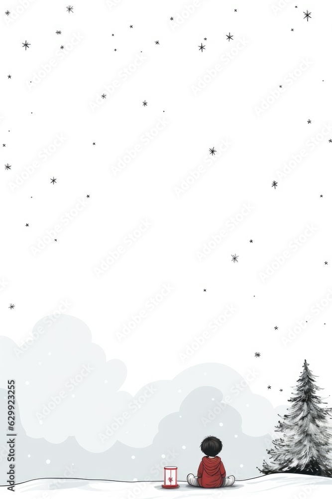 Naklejka premium A person sitting in the snow next to a christmas tree. Digital image.