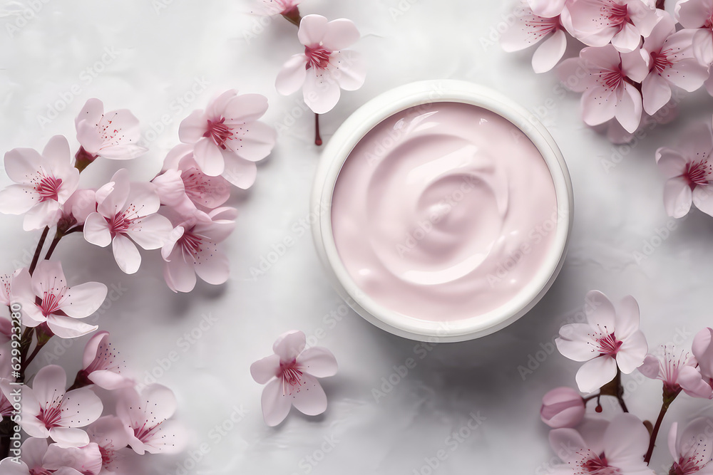 Cosmetic open round white cream cosmetic jar decorated with spring pink sakura blossoms. Creative banner of floral natural body cream. Cosmetic open round white cream cosmetic jar decorated with spring pink sakura blossoms. Creative banner of floral natural body cream.