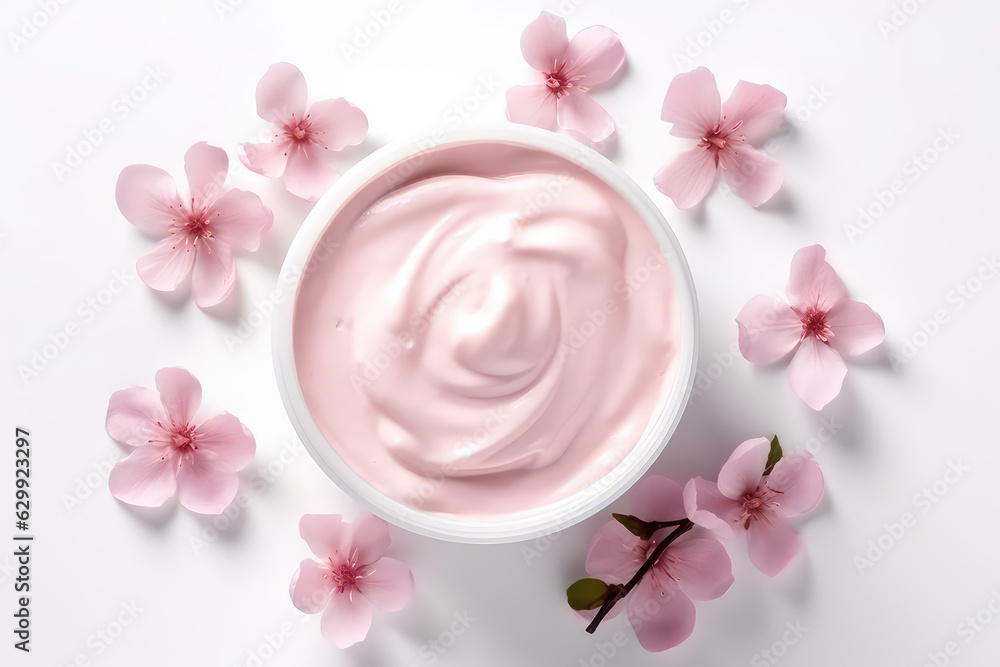 Cosmetic open round pink cream cosmetic jar decorated with spring pink sakura blossoms. Creative banner of floral natural body cream.