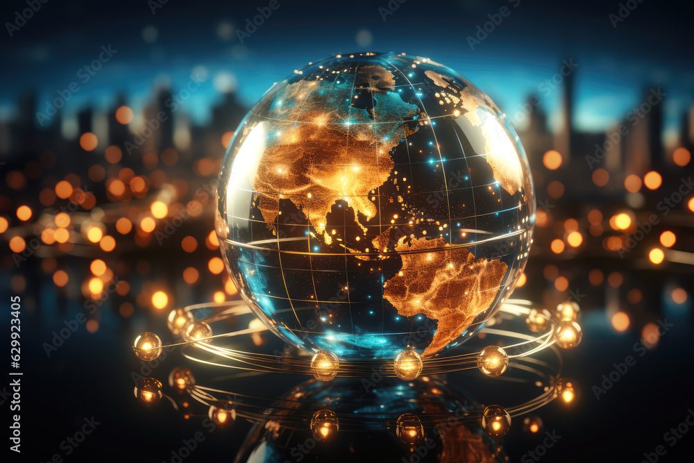 earth globe with glowing lights on city background. created by generative AI technology. earth globe with glowing lights on city background. created by generative AI technology.