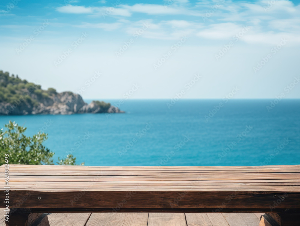 Wooden table on the background of the sea, island and the blue sky. High quality photo. Wooden table on the background of the sea, island and the blue sky. High quality photo.