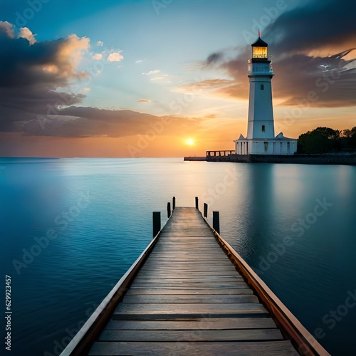 lighthouse at sunset created using generative AI tools