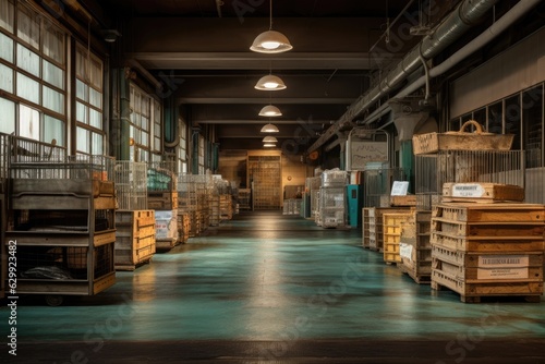 Fish market shut, closed down. A large room filled with lots of wooden crates. © tilialucida