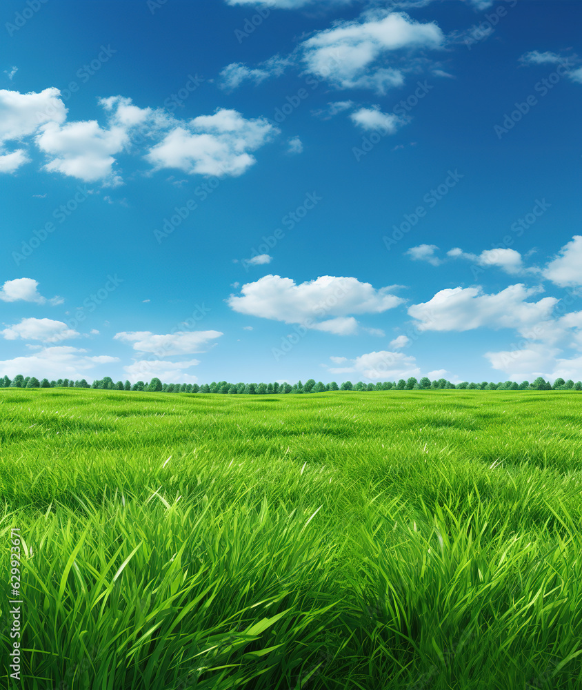 Green field and blue sky with clouds, ai art
