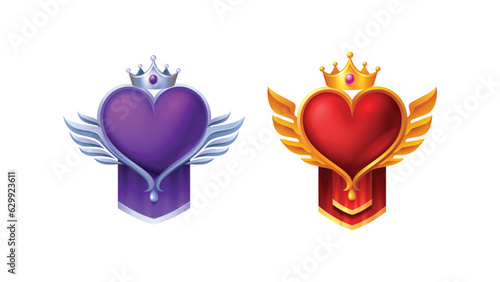 heart with wings game rank award badge trophy with heart and crown on top red and Purple