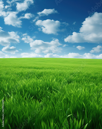 Green field and blue sky with clouds, ai art