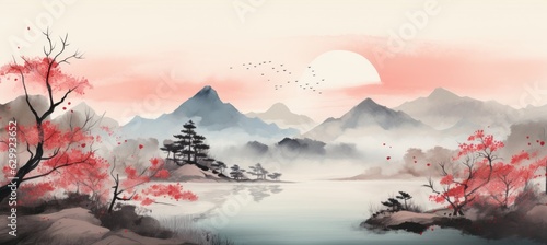Nature mountain lake landscape traditional oriental painting style background. Generative AI technology.	