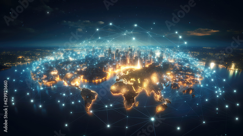 Globe and city at night. Globalization concept. created by generative AI technology.