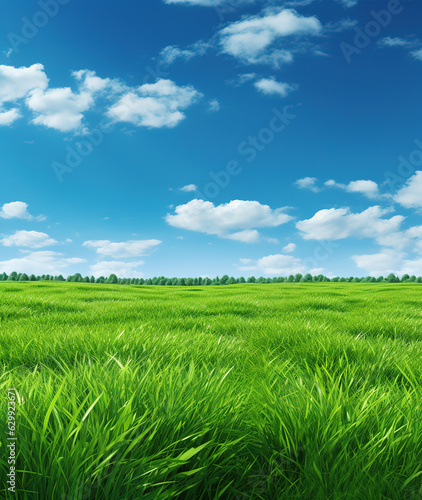 Green field and blue sky with clouds, ai art © Umar