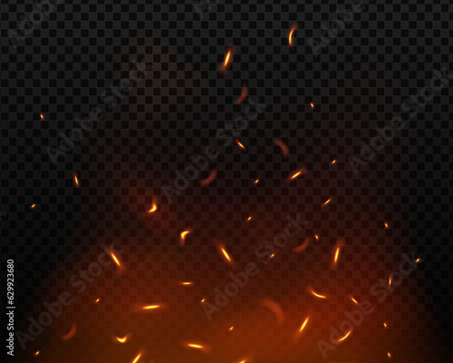 Fire flying sparks background. Vector realistic heat effect of flame in bonfire, isolated on transparent background.