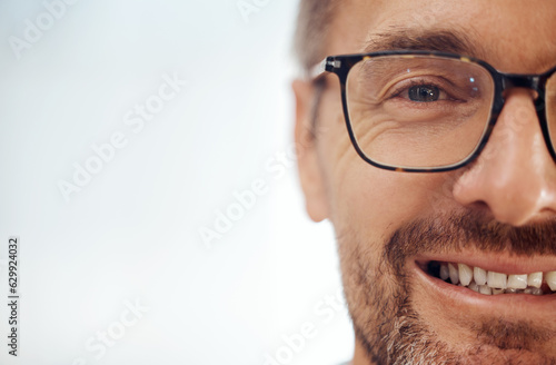 Portrait, mockup and a man in glasses for vision, smile and optometrist with prescription frame lenses. Eye, space and a male optometry customer at the optician, healthcare appointment and eyewear