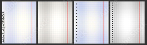 A set of sheets from a school notebook. Sheets in a cage, checkered print. Notebook fields. Different colour. Black cage, blue cage. Stationery, notebook, paper. School, university, office