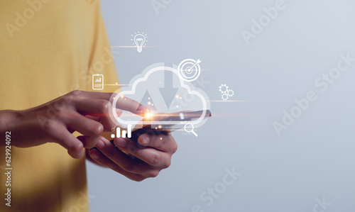 Cloud computing technology,  Data storage, Networking,woman use mobile phone with cloud computing diagram show on hand, Networking and internet service concept.