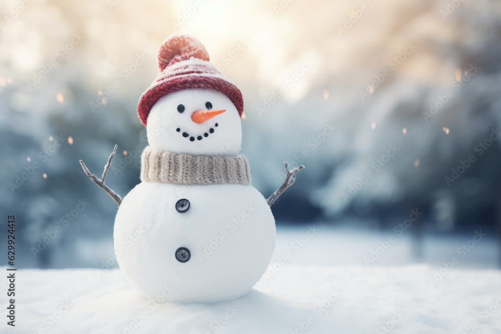 Winter blurred background with snowman, Merry christmas and happy new year greeting card with copy-space Generative AI