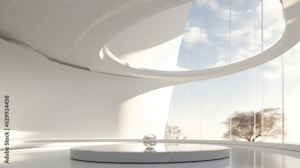 Modern circle concrete and glass building with sunlight cast the shadow on the wall and floor, Perspective of minimal design architecture. Modern circle concrete and glass building with sunlight cast the shadow on the wall and floor, Perspective of minimal design architecture.