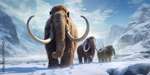 Furry old mammoth in snow with mountain landscape in the background 