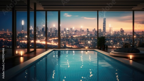 Luxurious penthouse with a stunning swimming pool overlooking view night of the city.