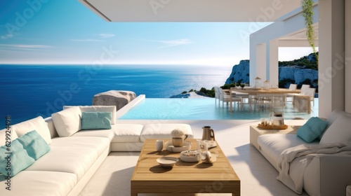 Luxurious seaside villa interior with pool and sea view.