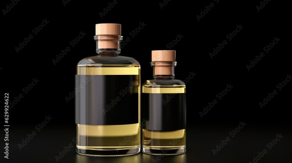 Small dropper bottle and big bottle for cosmetic on black background, Concept beauty cosmetics product. Small dropper bottle and big bottle for cosmetic on black background, Concept beauty cosmetics product.