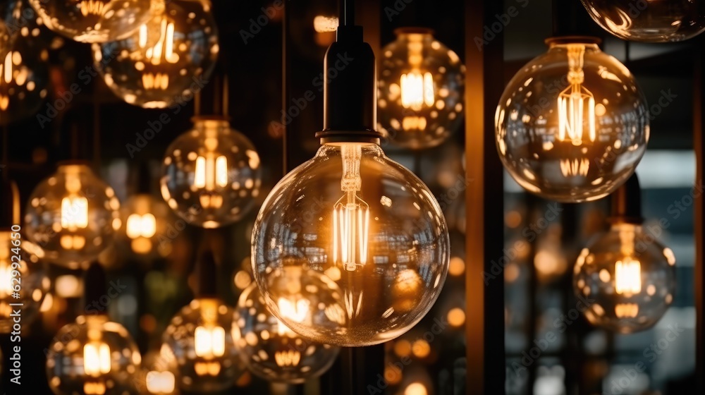 Pendant lamps with light bulbs, Retro filter effect style, Blend of history and modern.