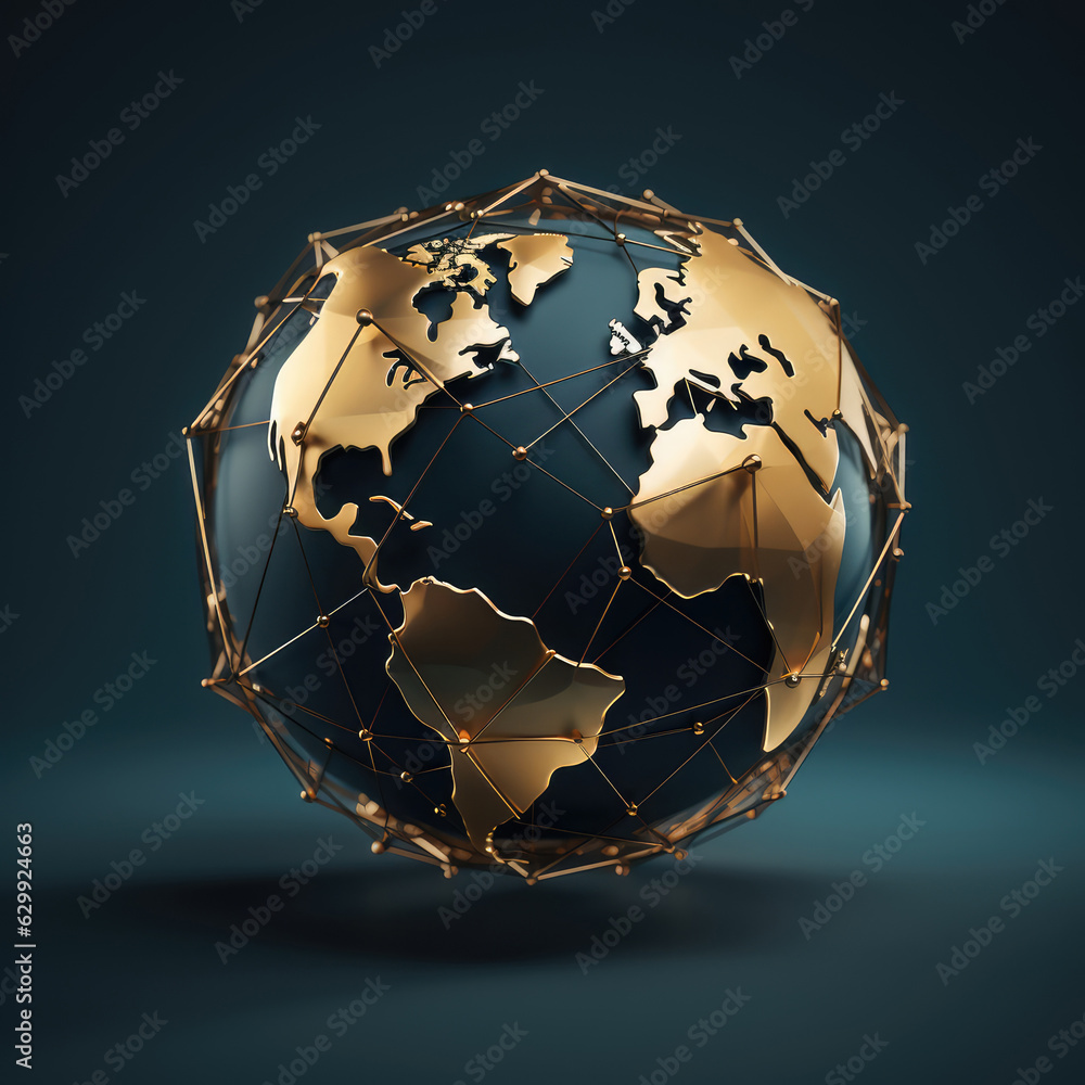 Abstract gold globe on dark blue background. 3D style. Global business concept. created by generative AI technology. Abstract gold globe on dark blue background. 3D style. Global business concept. created by generative AI technology.