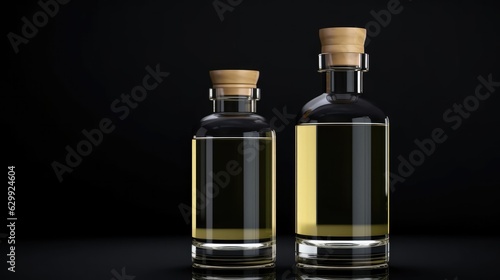Big and small glass bottles for cosmetic on black background, perfume, drink with black label, cork.