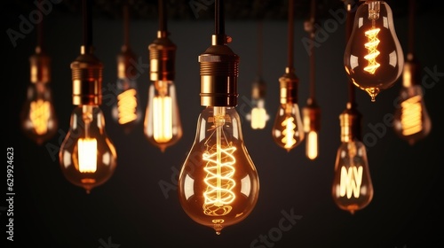 Classic retro lighting bulb in orange warm light shade, Object for interior decoration, Vintage Edison design.