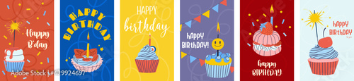 A set of birthday greeting cards with beautiful and cakes. Party invitations. Vector illustration