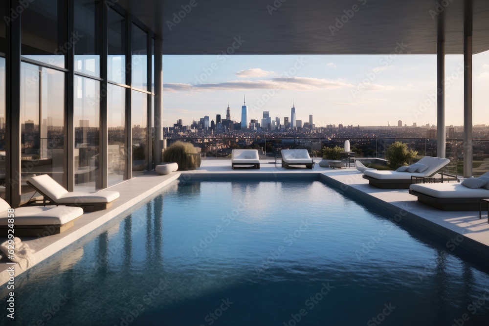 Luxurious penthouse terrace featuring a magnificent swimming pool and stunning panoramic city views.