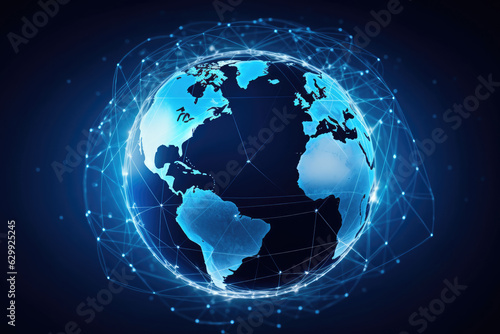 Global network connection on blue background. 3d. created by generative AI technology.