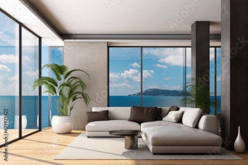 Modern beach house or opulent pool villa overlooks the sea view, Modern terrace, Living Room.
