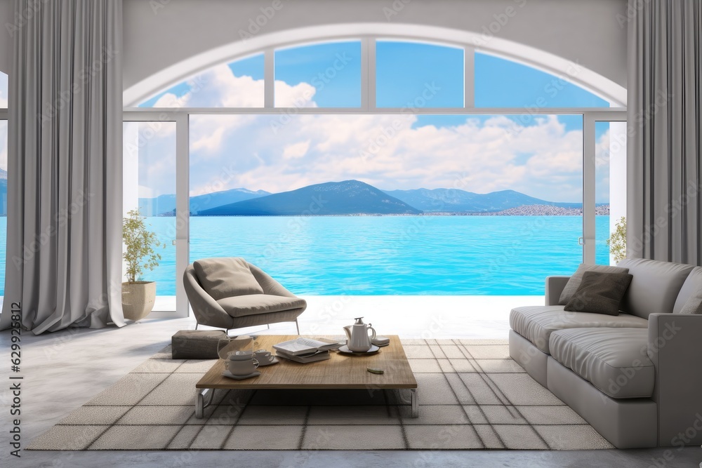 Modern beach house or opulent pool villa overlooks the sea view, Modern terrace, Living Room.