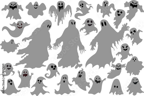 Spooky halloween ghost. Halloween ghost, spooky cartoon poltergeist. Scary ghost characters, fly funny spook, cute smiling scary halloween ghost mascots vector illustration set.Joyful spooky or funny 