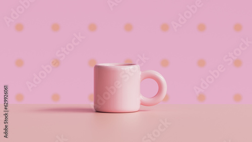Morning pink cup of coffee on background of polka dot wall at home or in coffee shop. Background with copyspace. 3d render, 3d illustration.
