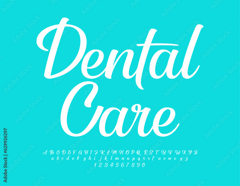 Vector advertising logo Dental Care. Beautiful Calligraphic Font. White Artistic Alphabet Letters and Numbers