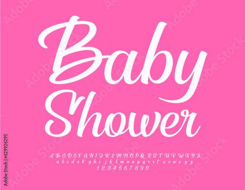 Vector cute card Baby Shower with White cursive Font. Stylish set of Alphabet Letters  Numbers and Symbols set