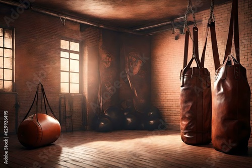 Old vintage gym room with old vintage boxing leather bag. Mexican American athlete vibe. Graphic Art 3d Render Illustration © Ahtesham