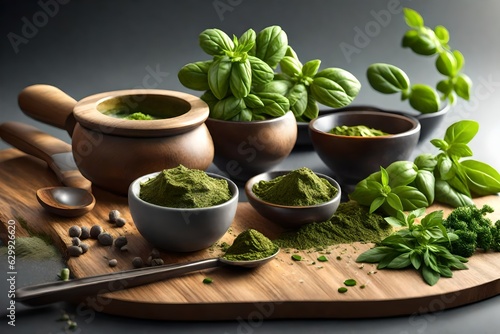 a variety of herbs on a cutting board with a mortar and a bowl of pesto on the side of the board, with a spoon and a cup of pesto on the side 3d Render Illustration