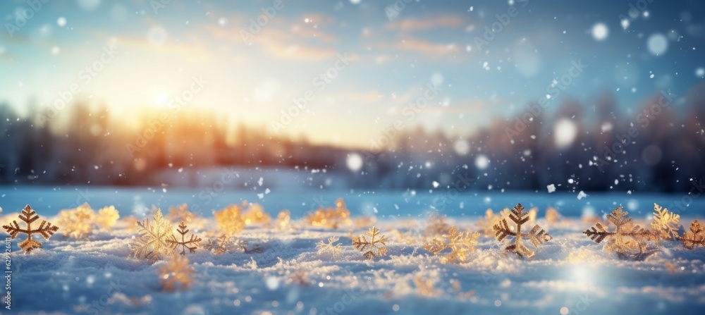 Golden snowflakes with bokeh sunrise forest background. Christmas and new year event concept. Generative AI technology.
