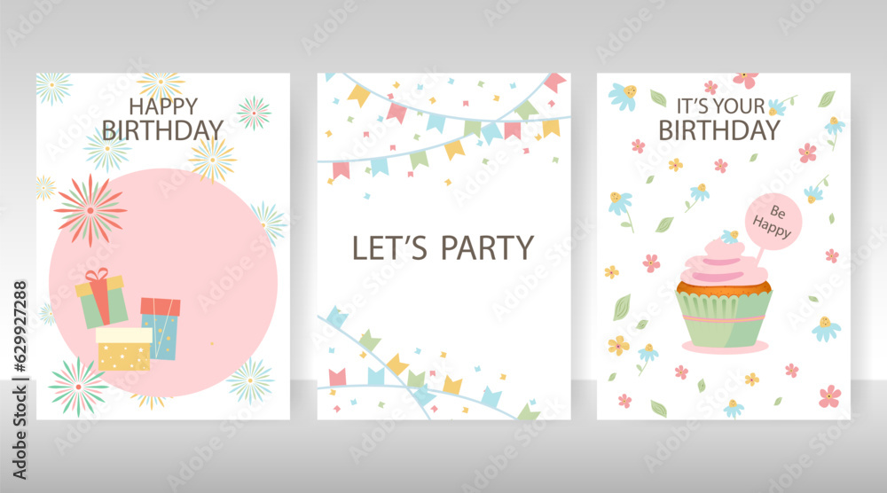 Set of birthday greeting cards with beautiful and lovely cakes against a gray wall. Congratulation. Vector birthday card Set of birthday greeting cards with beautiful and lovely cakes against a gray wall. Congratulation. Vector birthday card