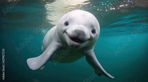 Fotografering a curious baby beluga whale approaching the camera, showcasing its charming and