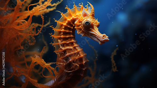 a delicate seahorse, showcasing its intricate body patterns and characteristic curled tail as it clings to a piece of coral