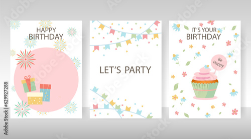 Set of birthday greeting cards with beautiful and lovely cakes against a gray wall. Congratulation. Vector birthday card