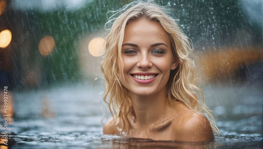 Obraz premium Portrait of beautiful erotic smiling wet blond woman in the water in the rain. Generative AI