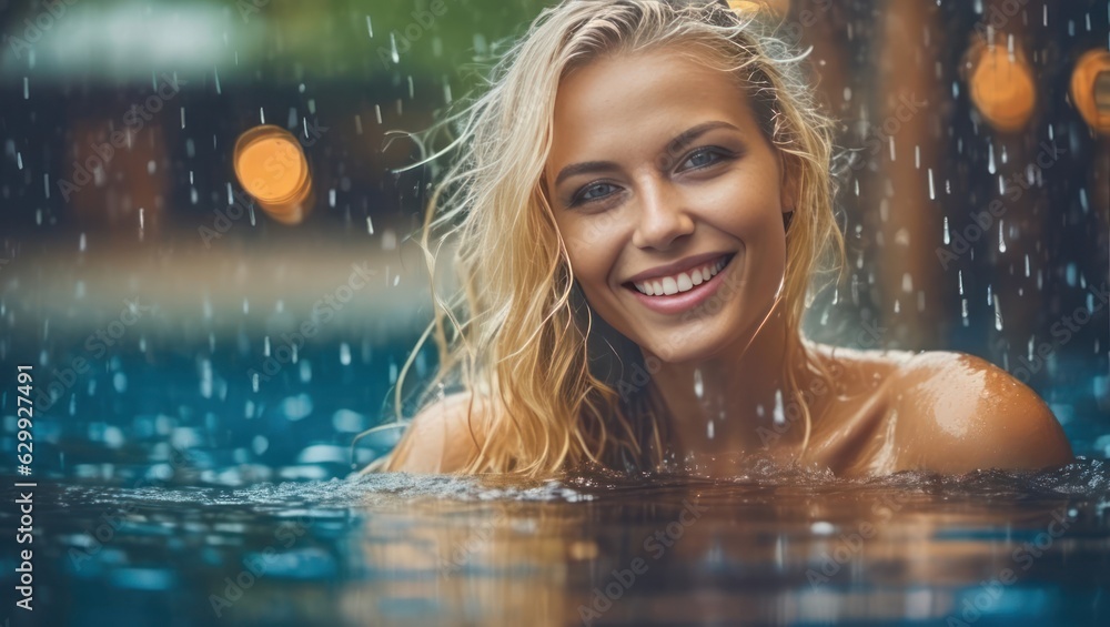 Portrait of beautiful erotic smiling wet blond woman in the water in the rain. Generative AI