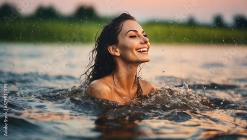 Portrait of beautiful erotic smiling wet black hair woman in the water in the rain. Generative AI