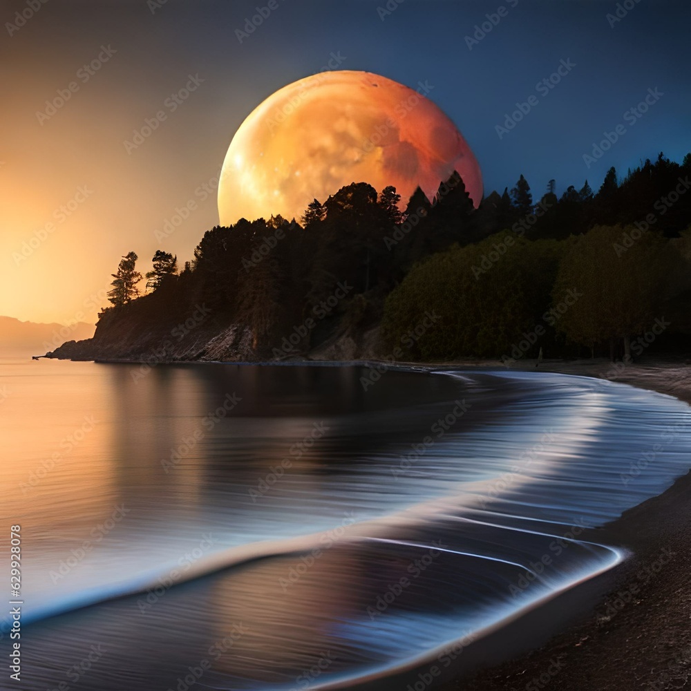 Naklejka premium moon over the sea Created using generative AI tools